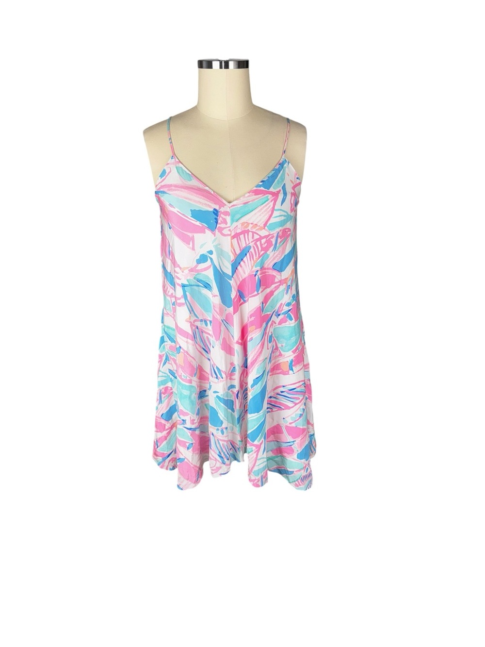 Lilly Pulitzer 100% Silk Lela V-Neck Slip Dress Pink Blue Leaf Print